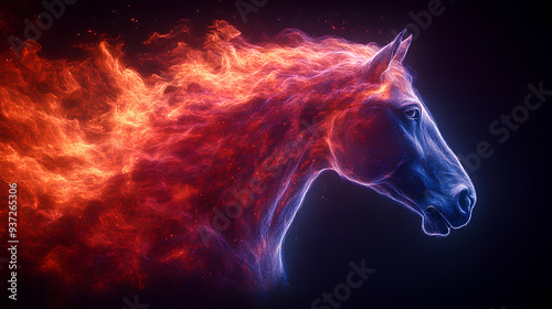 horse, the head of a horse in a multi-colored flame. Abstract multicolored profile portrait of a dog head on a black background