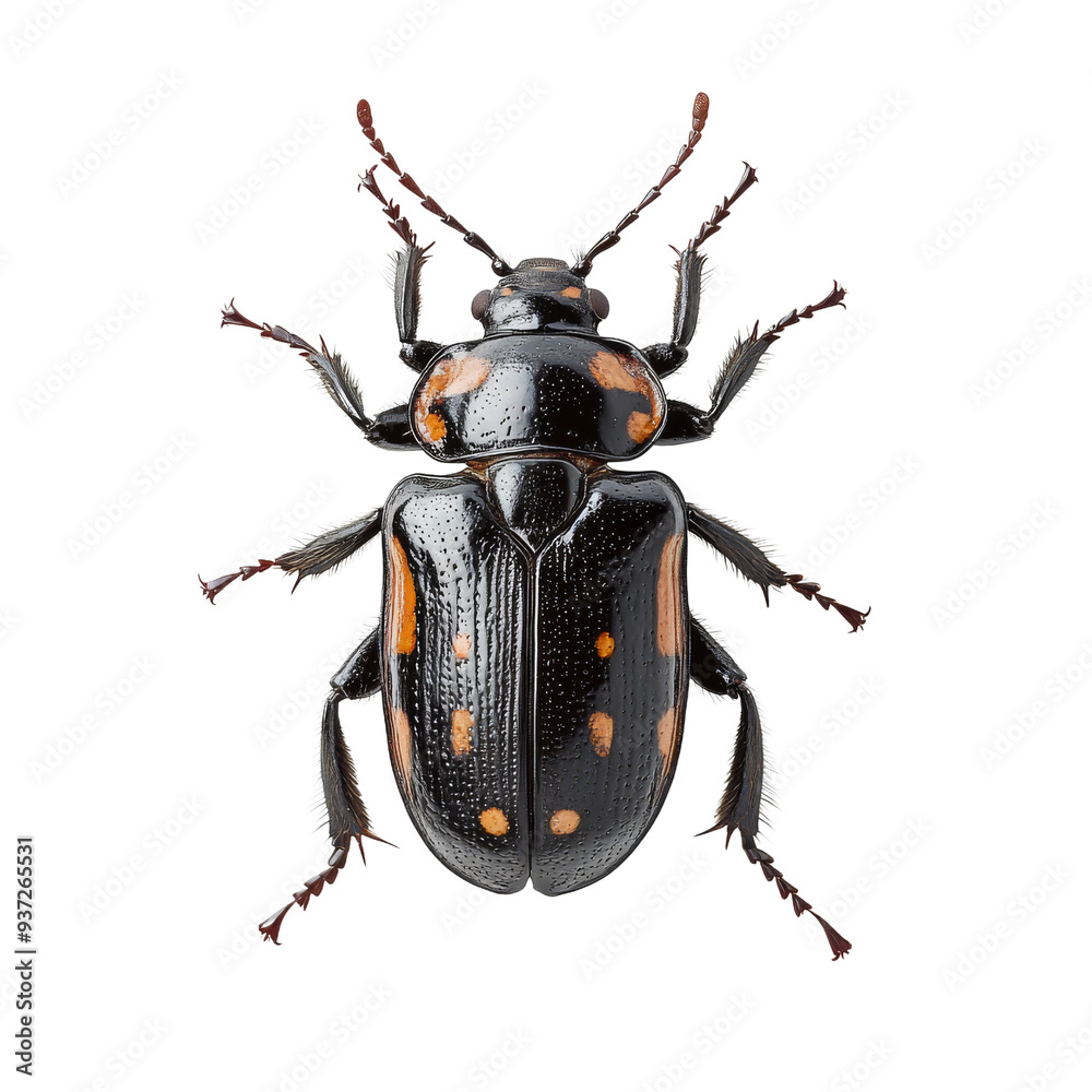 A detailed close-up of a black and orange beetle showcasing its intricate patterns and features against a white background. A detailed close-up of a black and orange beetle showcasing its intricate patterns and features against a white background.