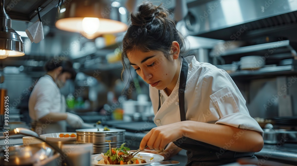 Asian female chef in white uniform cooking in professional kitchen Focused on food preparation Stainless steel equipment Culinary expertise Restaurant scene Asian female chef in white uniform cooking in professional kitchen Focused on food preparation Stainless steel equipment Culinary expertise Restaurant scene