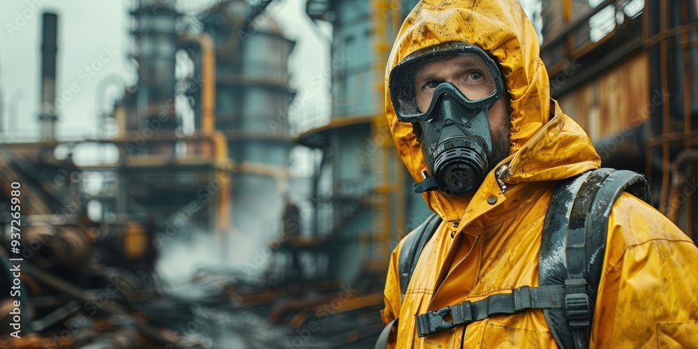 Man in Hazmat Suit Standing in a Industrial Area Man in Hazmat Suit Standing in a Industrial Area