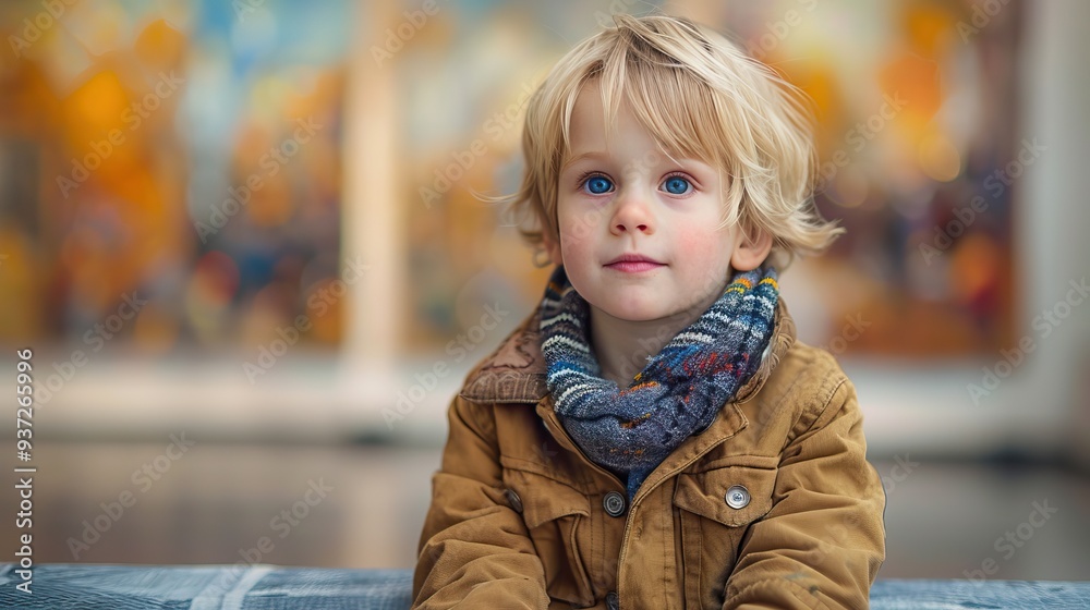 Caucasian toddler boy in mustard coat and blue scarf outdoors Autumn scene Blurred background Curious expression Childhood innocence Urban environment