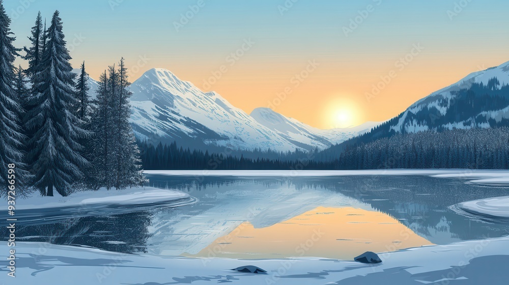 Obraz premium A serene winter landscape featuring mountains, a lake, and a sunset reflection.