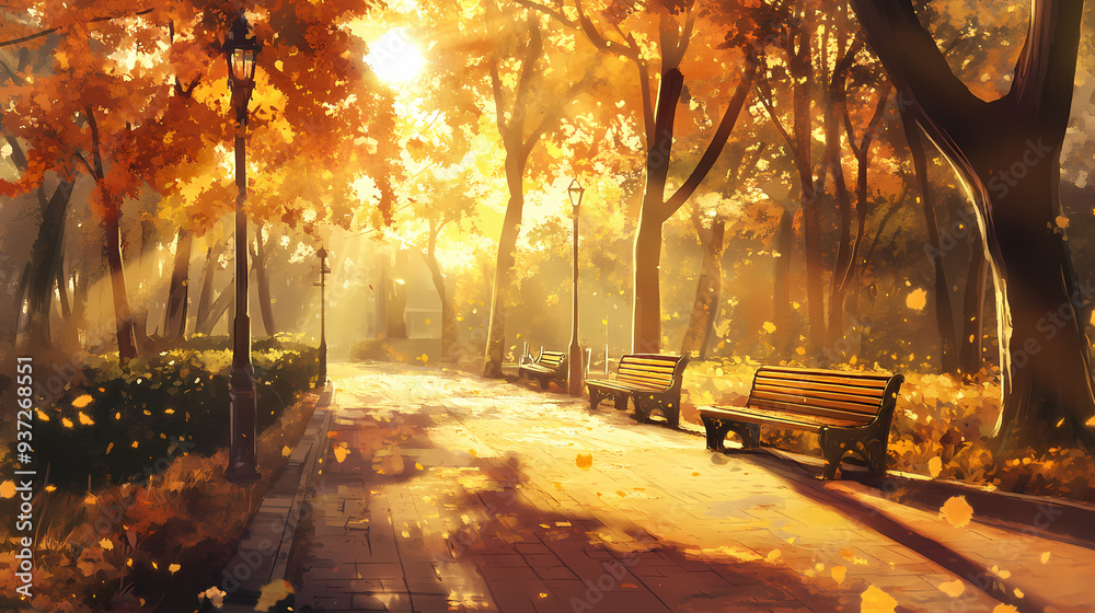 Chill LOFI Autumn Park in Anime Manga Style Cozy Urban Setting Chill LOFI Autumn Park in Anime Manga Style Cozy Urban Setting