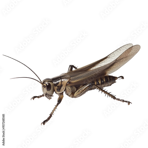 Detailed close-up image of a cricket showcasing its intricate features and body structure, perfect for educational and nature projects. #937268568