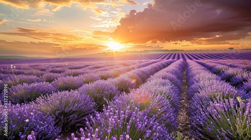 Stunning sunset over lavender field Purple flowers in rows stretching to horizon Golden sun rays Dramatic sky Provence landscape Aromatic herb farm