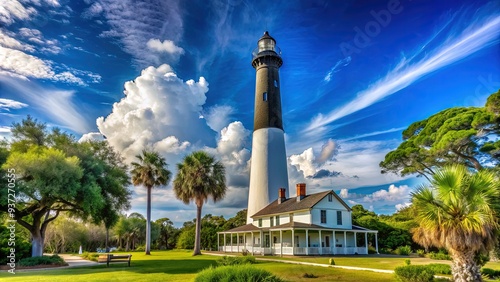 Historic 19th-century Pensacola Lighthouse stands tall on a sunny day, its white and black stripes contrasting beautifully with the blue Florida sky and surrounding greenery.