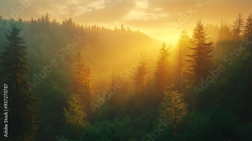 Golden Sunset Over Misty Forest Landscape Photography