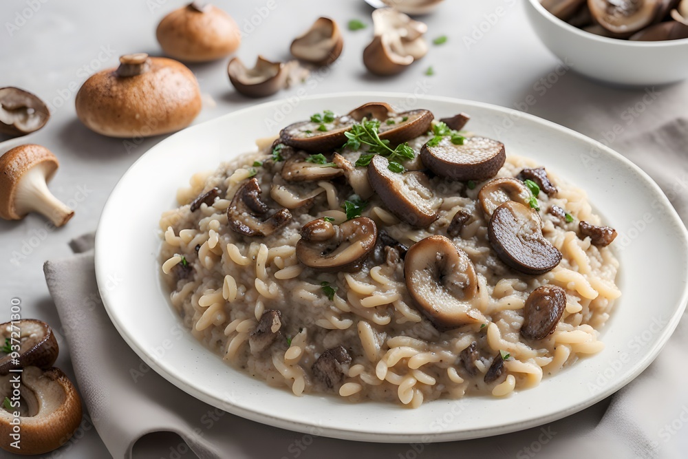 Beef and mushroom risotto with tender beef chunks and earthy mushrooms in a creamy parmesan, AI Generated Beef and mushroom risotto with tender beef chunks and earthy mushrooms in a creamy parmesan, AI Generated
