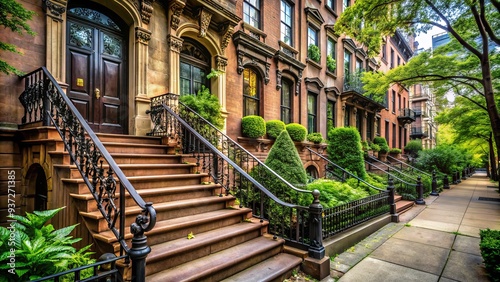 Historic brownstone townhouse with ornate stoop, iron railing, and rich facade details stands proudly amidst lush greenery on a picturesque NYC street.
