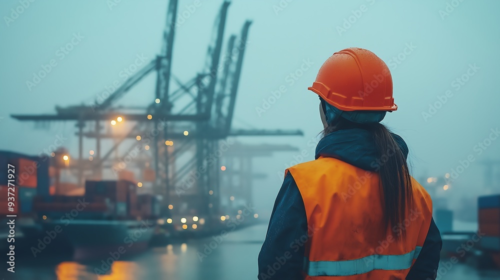 A female worker wearing an orange helmet stands by the harbor