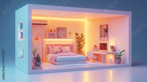 detailed isometric view of a miniature room inside a cutaway box, featuring soft lighting, gentle color tones, and 3D Blender