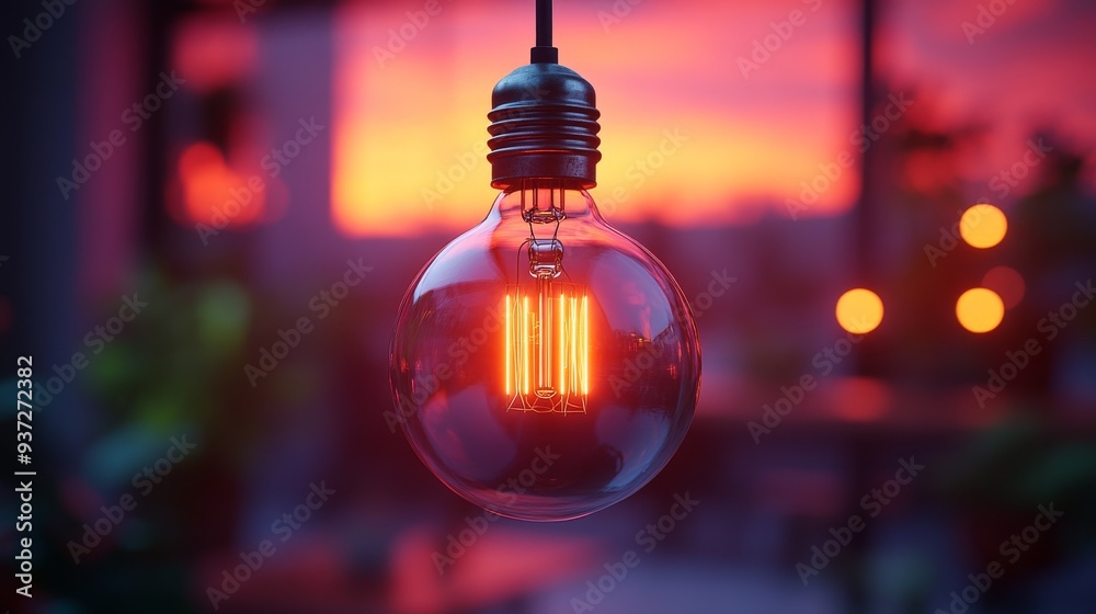 single incandescent lightbulb suspended in mid-air, casting a warm glow on a vibrant purple backdrop, with the filament inside glowing intensely
