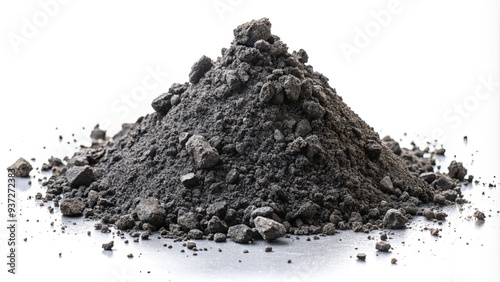 Industrial pollution concept with dark grey fly ash scattered on white background, highlighting environmental impact of coal combustion residue.