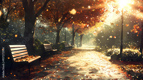 Chill LOFI Autumn Park in Anime Manga Style Cozy Urban Setting