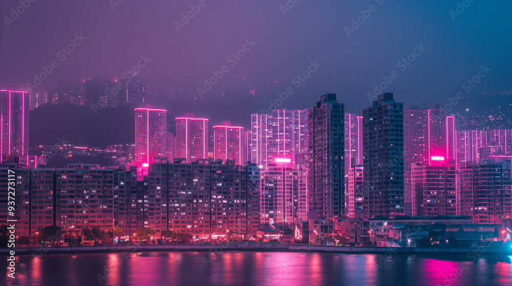 Obraz premium Pink Lights in the Night: A night scene of a city with all buildings illuminated in pink, showcasing collective participation in raising awareness, with copy space