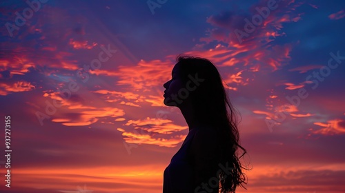 Silhouette of a young woman looking up at a vibrant sunset sky capturing a moment of awe and reflection