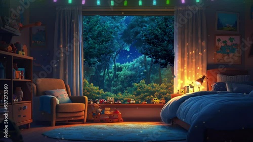 fantasy landscape Cozy kids Bedroom with forest view motion animation video background