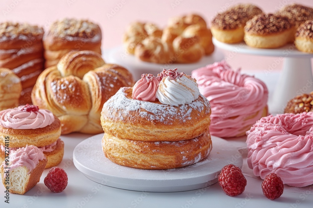 Assorted Pastries and Desserts with Pink Frosting and Fresh Raspberries on Display Assorted Pastries and Desserts with Pink Frosting and Fresh Raspberries on Display