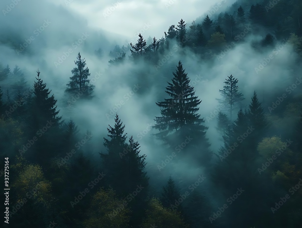 Misty Forest Landscape Photo - Enchanting View of Fog Enveloped Trees