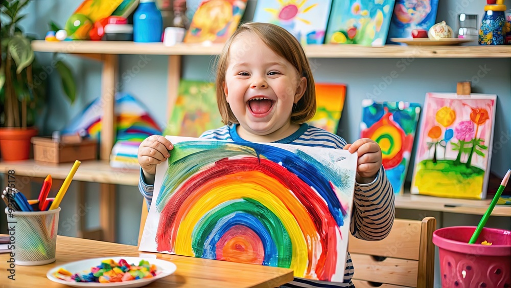 custom made wallpaper toronto digitalJoyful child with Down syndrome smiling brightly, holding a colorful painting, surrounded by art supplies and celebrating creativity and individuality.