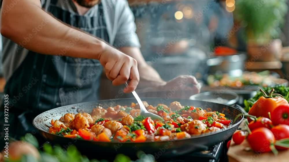 A man cooking in his kitchen and savouring the aroma of his food A man cooking in his kitchen and savouring the aroma of his food