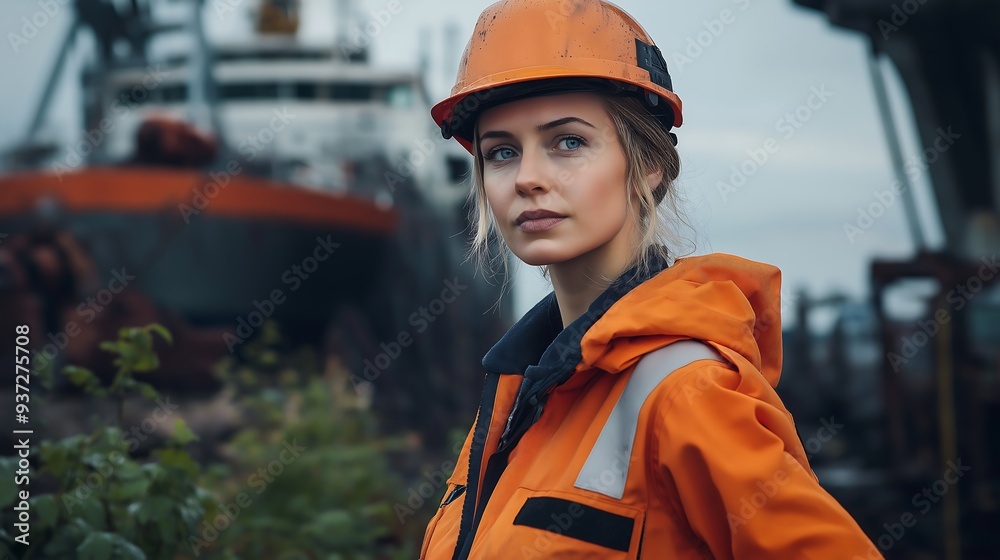 A portrait of a female engineer wearing an orange jacket and helmet, looking at the camera in front of ship in dry dock A portrait of a female engineer wearing an orange jacket and helmet, looking at the camera in front of ship in dry dock