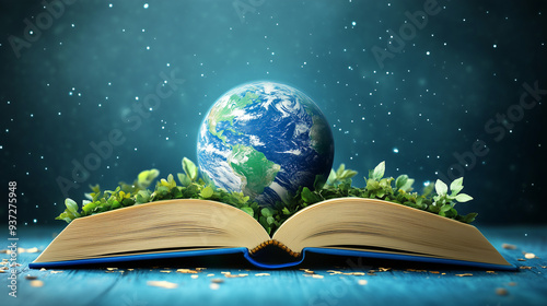 Open Book Design Featuring Earth and Educational Concepts for International Literacy Day photo