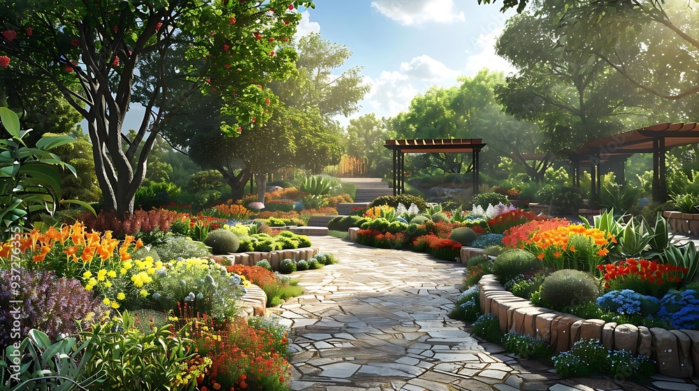 Obraz premium A vibrant garden pathway surrounded by colorful flowers and lush greenery, inviting exploration and relaxation.