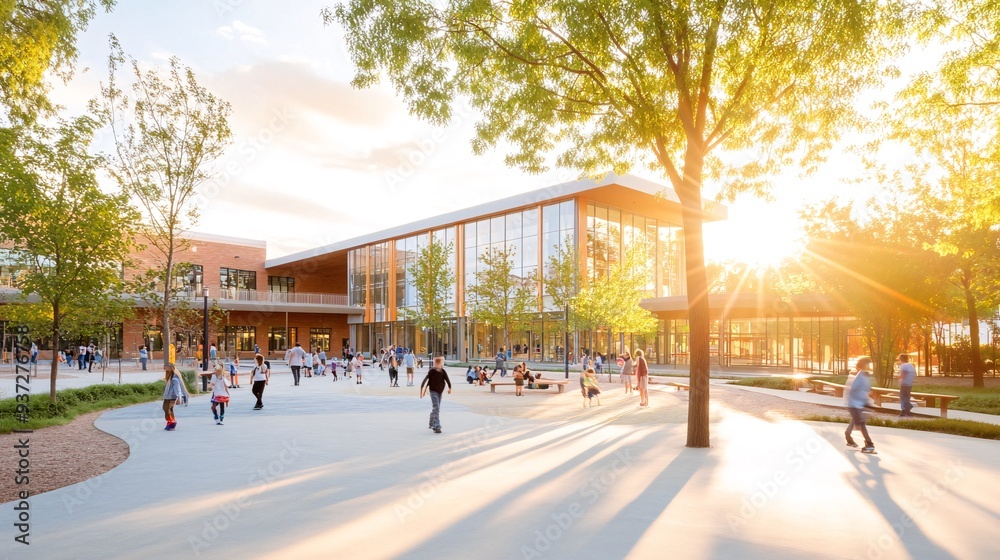 Obraz premium Children Playing in Modern Schoolyard with Sunlight Filtering through Trees
