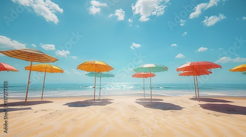 An ocean view with sandy beach and umbrellas, AI generated