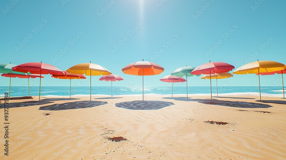 An ocean view with sandy beach and umbrellas, AI generated An ocean view with sandy beach and umbrellas, AI generated