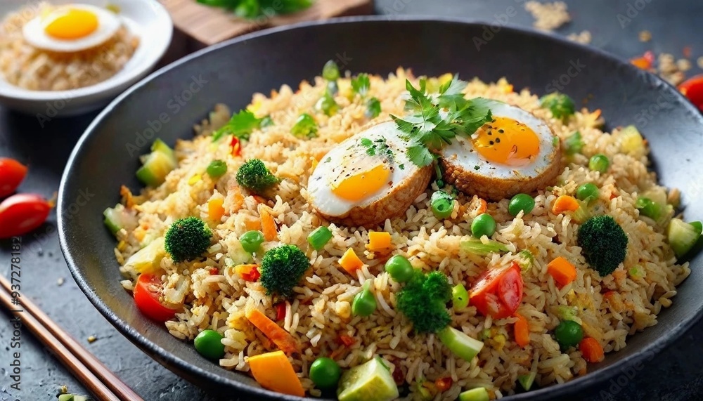 A plate of fried rice with egg and vegetable toppings. Generate AI A plate of fried rice with egg and vegetable toppings. Generate AI