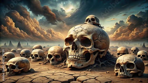 Macabre stacks of weathered skulls and bones scattered amidst dusty, cracked earth, evoking a haunting atmosphere of mortality and forgotten histories. photo