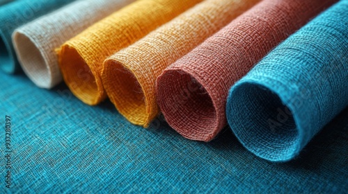 Colorful Rolls of Textured Fabric in Various Shades Arranged in a Row on a Blue Background