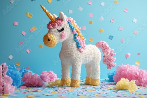 Colorful Unicorn PiÃ±ata with Confetti and Tissue Paper Decorations on Blue Background photo