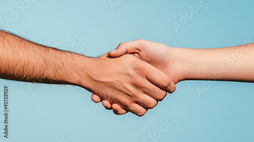 Two hands shake against a blue sky, signifying trust and partnership.