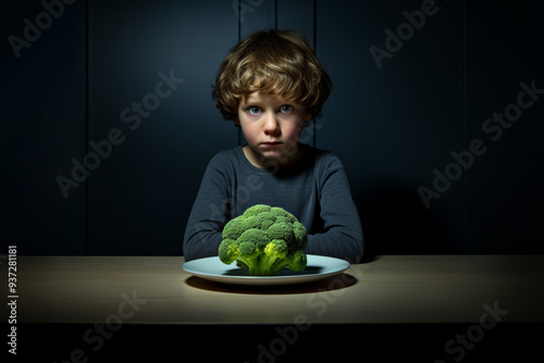 Child's Broccoli nightmare, children and vegetables, picky eater concept photo