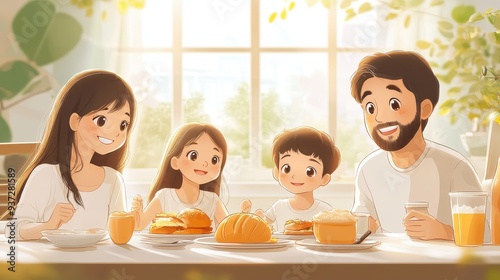 Family having breakfast together with morning light, Monday morning, family bonding.