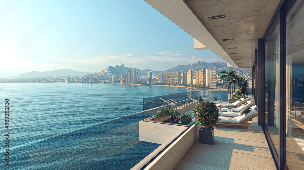 Fototapeta premium A landscape view of ocean and a town near water with a sun shine, AI generated