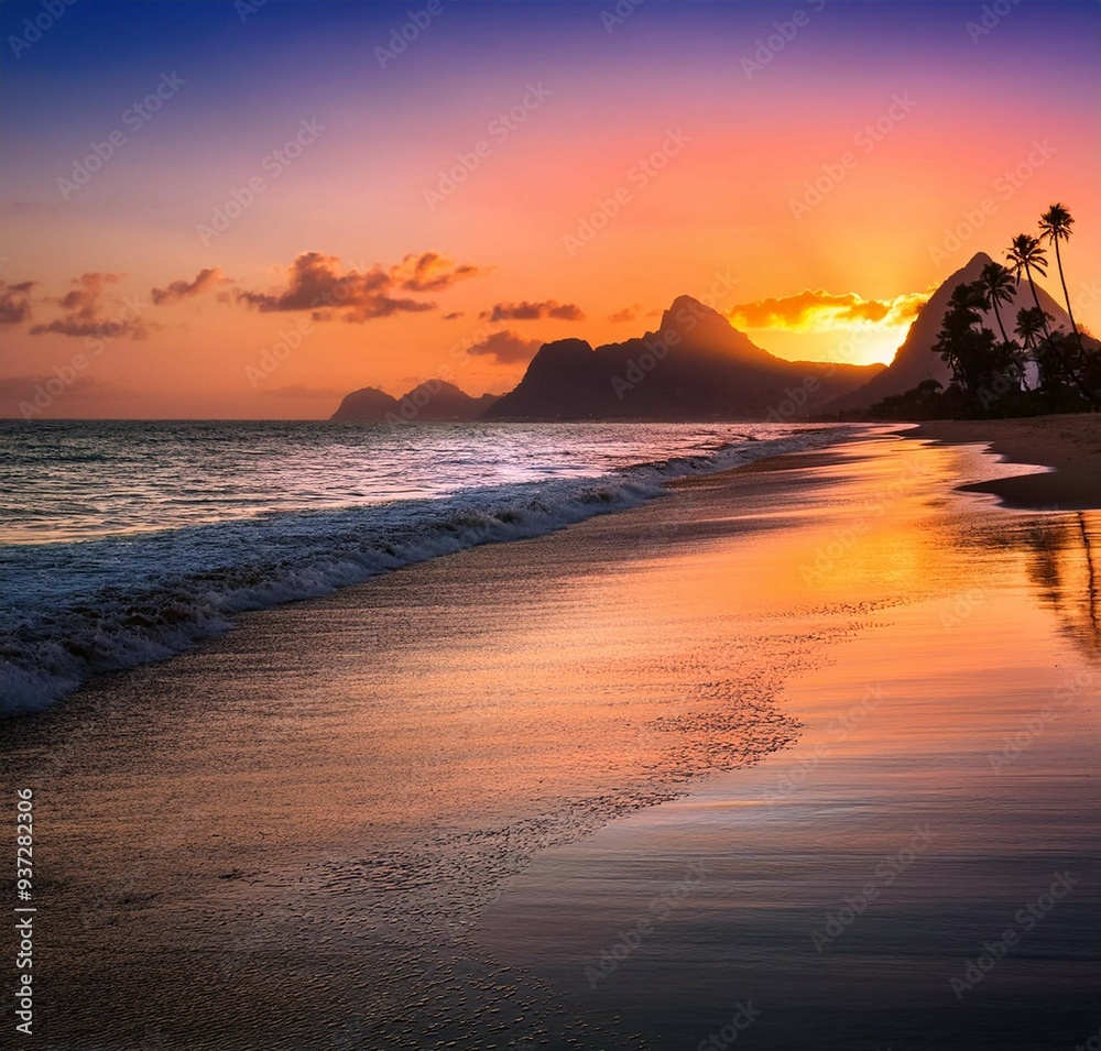 Sunset Overlooking the Sea with Mountains and Coastal Road Sunset Overlooking the Sea with Mountains and Coastal Road