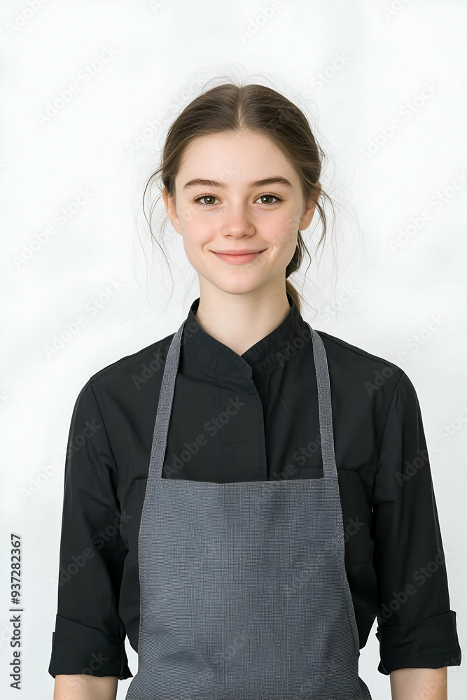 Young Smiling Barista in Black Uniform with Apron Standing Against White Background Young Smiling Barista in Black Uniform with Apron Standing Against White Background