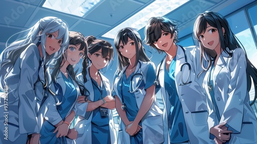 A group of anime surgeons dressed in scrubs and lab coats gathered in a clinic, displaying a sense of teamwork and professionalism