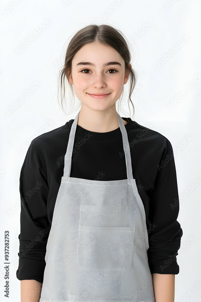 Young Smiling Barista in Black Uniform with Apron Standing Against White Background Young Smiling Barista in Black Uniform with Apron Standing Against White Background