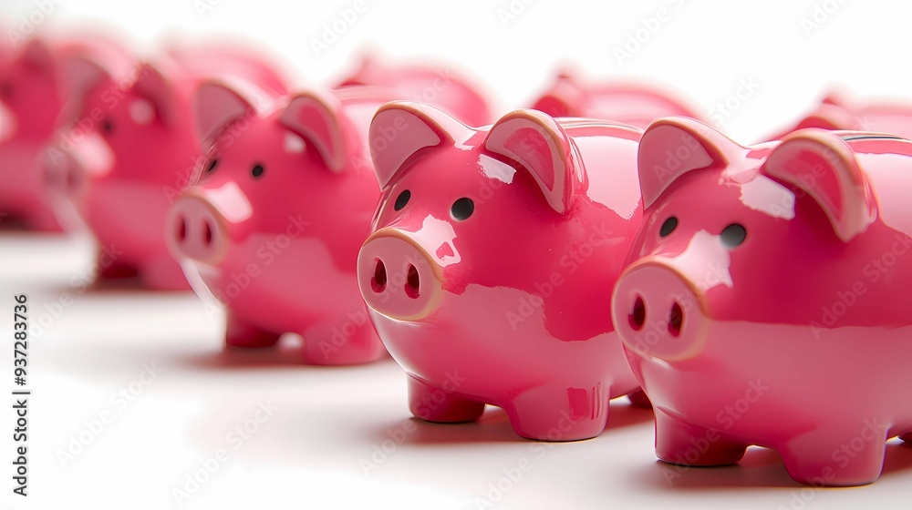 A collection of vibrant pink piggy banks arranged in a neat row, symbolizing savings and financial management. A collection of vibrant pink piggy banks arranged in a neat row, symbolizing savings and financial management.