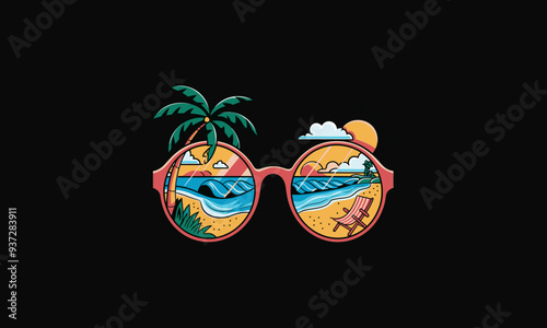 a pair of sunglasses with round lenses, each reflecting a vibrant beach scene vector
