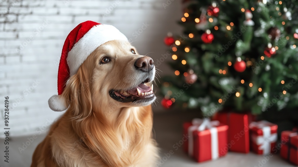 Close-up photo of a happy golden retriever dog wearing a Santa hat Close-up photo of a happy golden retriever dog wearing a Santa hat