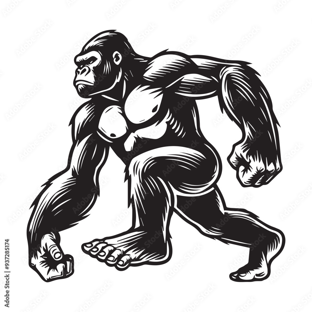 Obraz premium Gorilla Silhouette - Funny Gorilla Gesture, Muscle Gorilla Clipart, A Knuckle Walk Gorilla Illustration in black and white 