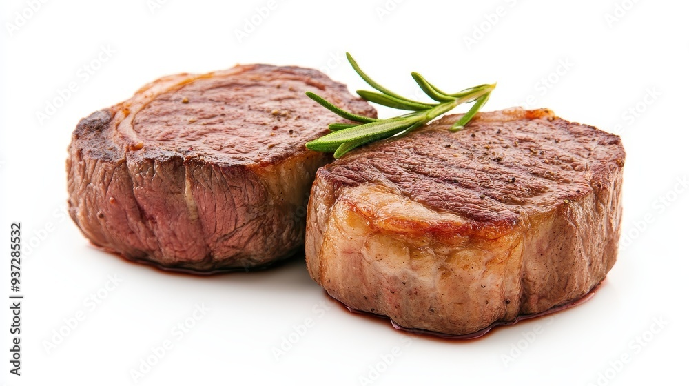 Two pieces of meat with rosemary on top Two pieces of meat with rosemary on top