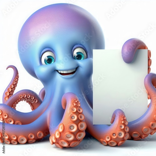 A cheerful cartoon octopus holding a blank sign, perfect for playful branding, marketing materials, or children's content. photo