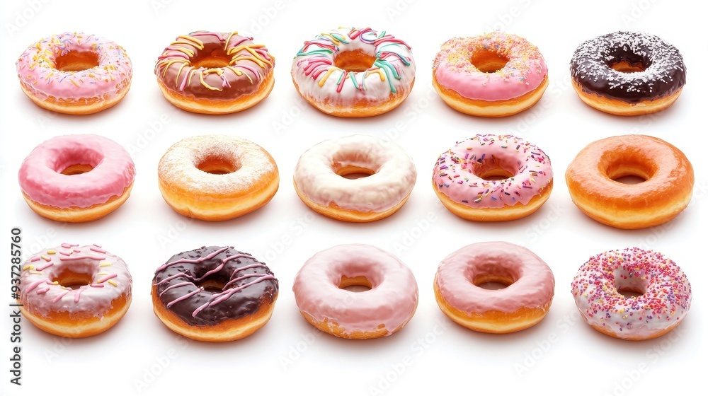 A row of donuts with different colors and sprinkles A row of donuts with different colors and sprinkles